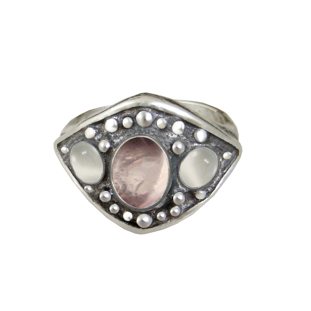 Sterling Silver Medieval Lady's Ring with Rose Quartz And White Moonstone Size 8